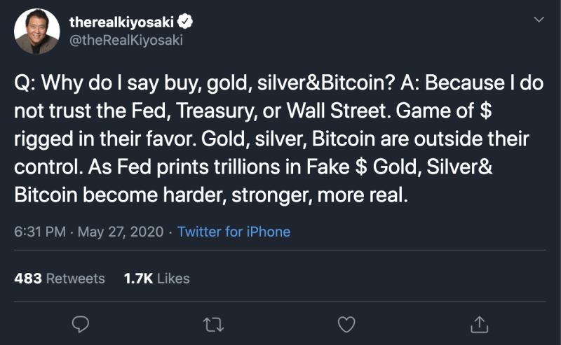 Robert Kiyosaki's Tweet on Gold, Silver and Bitcoin.
