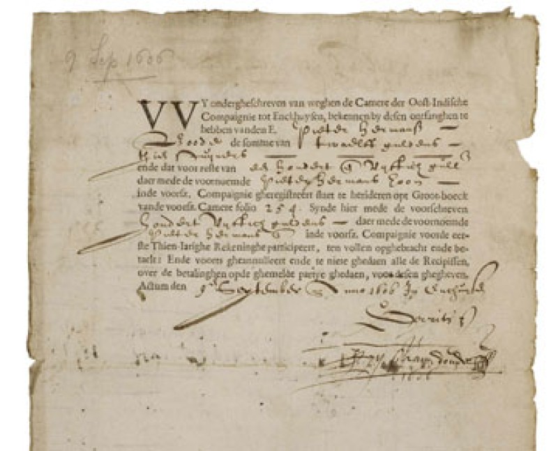 1606 AD certificate issued by the Dutch East India Company to Pieter Harmensz, a former male resident of Enkhuizen, who served as an assistant to the city's mayors.